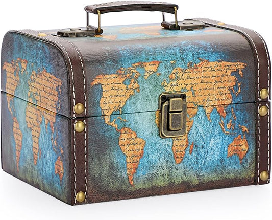 ELLDOO Decorative Treasure Chest Box, Wooden + PU Leather Storage Box for Jewelry Trinkets, Keepsakes box for Girls Women Gifts (Green Map Pattern)