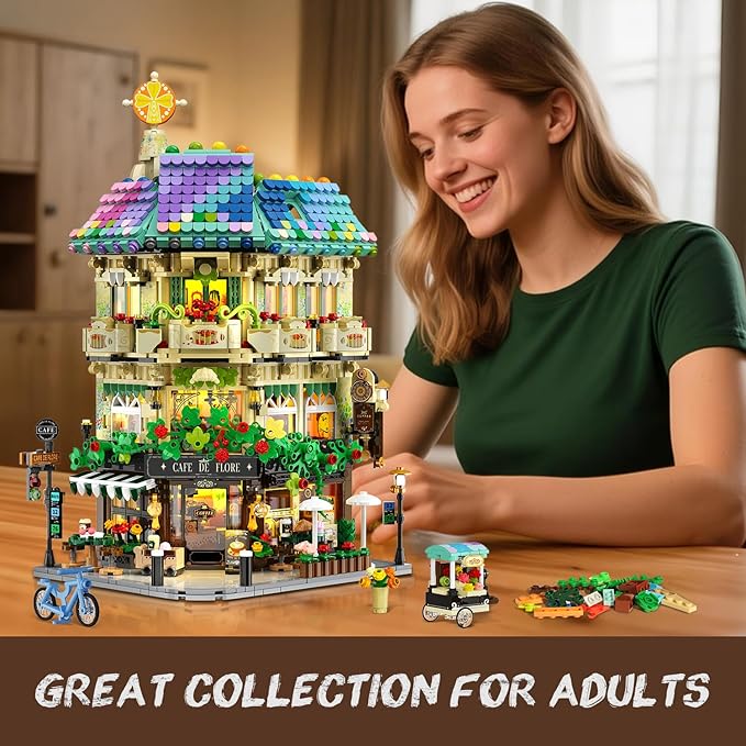 Flower Cafe House Building Set with Lights, 1876 PCS City Street Corner Shop Construction Model, Art Architecture Modular Building Block Kit Home Decor, Gift for Adults Teens Boys Girls 12+