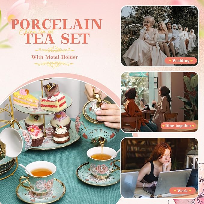 21 Pcs Ceramic Teapot Set Vintage Porcelain Tea Cups with Metal Holder and High Tier Cupcake Stand Saucers for Women Girls Farmhouse European Weddings Party Decor Gifts(Green,Summer)