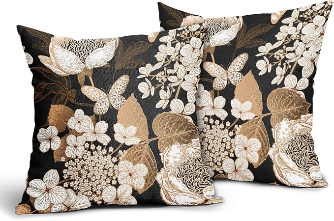 Vintage Floral Pillow Covers 24X24 Inch Set of 2 White Flowers Gold Leaves Botanical Decorative Pillow Cases Rustic Leaf Black Cotton Linen Cushion Case Farmhouse Home Decor for Sofa Couch