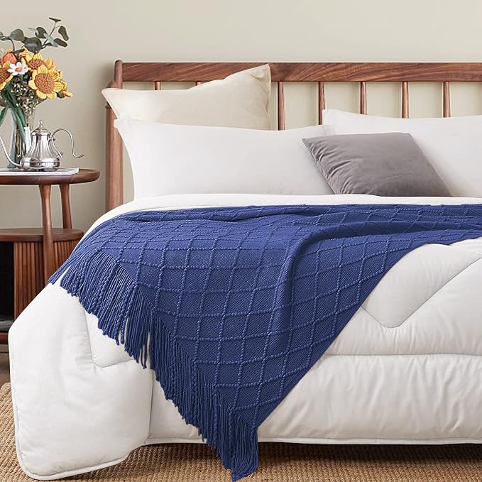 inhand Navy Blue Knitted Throw Blanket for Couch and Bed, 60"x80" | Soft Living Room Home Decor Knitted Twin Size Blanket, Outdoor Lightweight Breathable Summer, Farmhouse Warm Woven Decorative