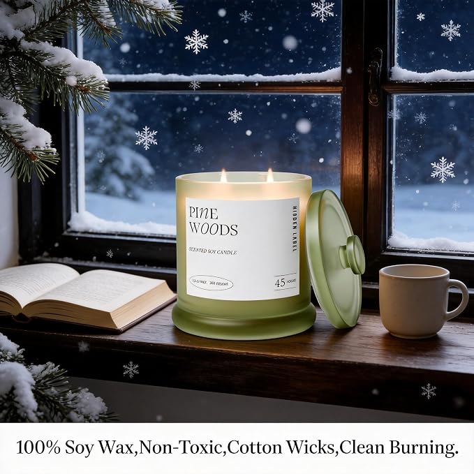 Hidden Label Pine Woods Soy Candle, 13oz 2-Wick, 45H Winter Holiday | Long Burn | Christmas Fir Aromatherapy | Non-Toxic Formula | Twin-Flame, Even Melt | Festive Gift