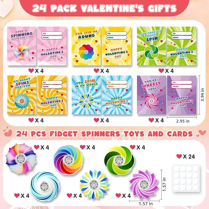 SpringFlower Valentines Day Cards For Kids Classroom With Fidget Sensory Spinner Toys For Valentines Party Favors Supply, Classroom Gift Exchange For Kids Classmates Gift Cards Prizes, 24 Pack