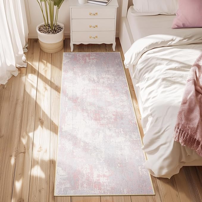 RELEANY Washable Area Rugs 2'x10' Non-Slip Modern Abstract Soft for Living Room Entryway Bedroom Kitchen, Print Pattern, Grey Pink