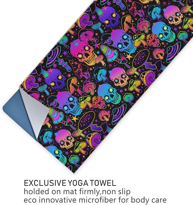 Colorful Skull Mushroom Yoga Towel, Non-Slip Hot Yoga Mat Towel Sweat Absorbent for Pilates and Workout 73 x 27 in