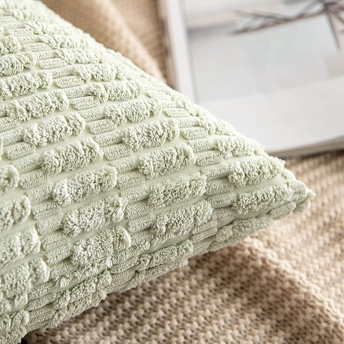 MIULEE Corduroy Decorative Throw Pillow Covers 18x18 Light Green Pack of 2 | Soft Boho Striped Pillow Covers Modern Farmhouse Home Decor For Sofa Living Room Couch Bed
