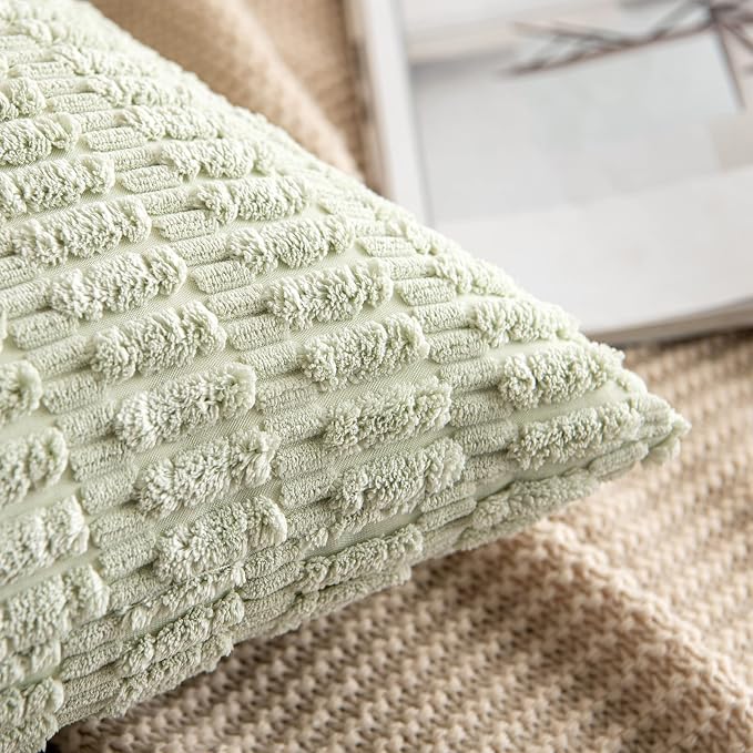 MIULEE Corduroy Decorative Throw Pillow Covers 16x16 Light Green Pack of 2 | Soft Boho Striped Pillow Covers Modern Farmhouse Home Decor For Sofa Living Room Couch Bed