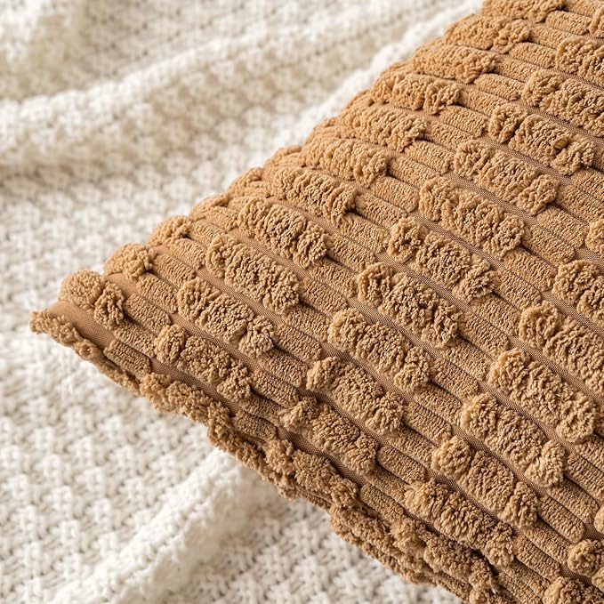 MIULEE Corduroy Decorative Throw Pillow Covers 20x20 Brown Pack of 2 | Soft Boho Striped Pillow Covers Modern Farmhouse Fall Home Decor For Sofa Living Room Couch Bed