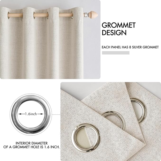MIULEE 100% Blackout Linen Curtains for Bedroom Thermal Insulated Birch Grommet Room Darkening Curtains & Drapes for Living Room 52 x 96 Inch (2 Panels)