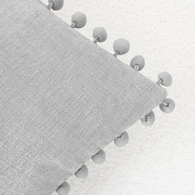 CaliTime Decorative Couch Throw Pillow Covers 18 X 18 Inches Moonbeam Gray | Pack of 2, Cozy Chenille Cushion Cases, with Pom Poms for Sofa Bed Living Room Farmhouse Home
