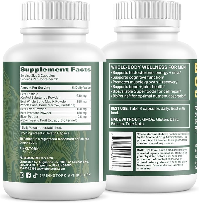 Pink Stork Men's Beef Organ Complex | Grass-Fed, Grass-Finished Beef Liver, Testicle, Prostate + Bone Marrow | Supports Energy, Vitality + Men's Health | Bioavailable Superfoods | 30 Servings