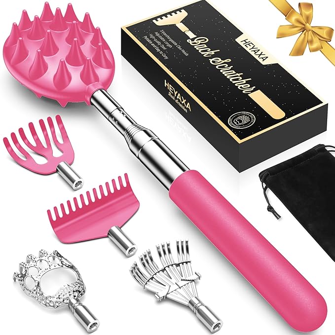 Upgraded Reinforced Telescoping Back Scratcher with 5 Detachable Heads, Larger Scratching Tips,Dad Gifts for Men, Women and Adults