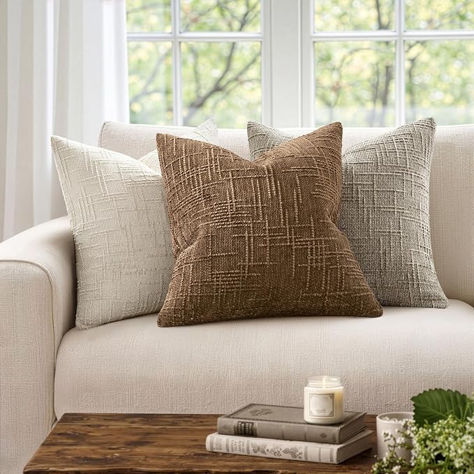 MIULEE Chenille Textured Fall Throw Pillow Covers Toffee 18x18 Set of 2 | Slubby Decorative Pillows, Boho Farmhouse Rustic Home Decor, Modern Neutral Cushion Covers for Couch Sofa Bed Living Room
