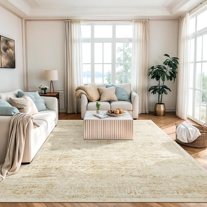 Soalmost 6x9 Area Rug for Living Room Washable Non-Slip Rugs Beige/Ivory | Low-Pile Vintage Carpet for Dining Bedroom, Foldable Thin Stain Resistant Floor Mat Under Table Home Office Nursery Decor