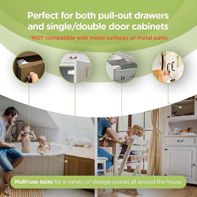 SKYLA HOMES Magnetic Cabinet Locks Baby Proofing Child Safety - The Safest Quickest and Easiest Multi-Purpose 3M Adhesive Child Proof Latches, No Screws or Tools Needed (4 Pack)