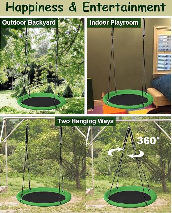 24 Inch Saucer Tree Swing Set for Kids & Adults, Adjustable Swing Sets for Backyard or Outdoor Playground, Green & Black, 1 Pack
