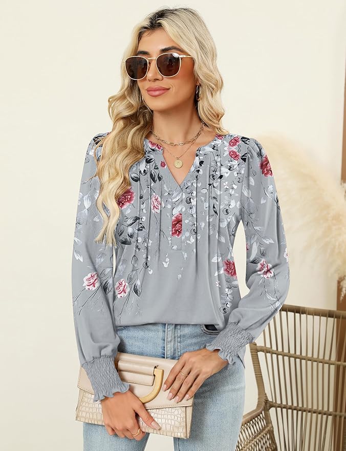 LOMON Womens Tops Dressy Casual Pleated Ruffle Long Sleeve Tunics Tops to Wear with Leggings V Neck Work Blouse