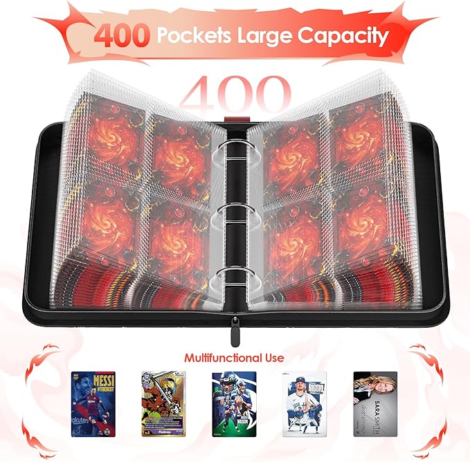 Trading Card Binder 4 Pocket, Waterproof PU 400Pockets Card Holder, Portable Zippered Collectible Game Card Albums Gifts for Boys and Girls, Trading Card Album for MTG/TCG/Card Holder Gift