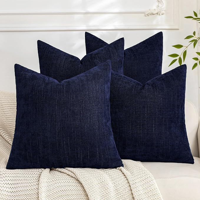 Set of 4 Soft Textured Decorative Throw Pillow Covers 16x16 Inch Cozy Farmhouse Cushion Cover Square Accent Pillow Cases for Bed Couch Sofa Living Room, Navy Blue
