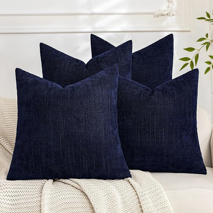 Set of 4 Soft Textured Decorative Throw Pillow Covers 18x18 Inch Cozy Farmhouse Cushion Cover Square Accent Pillow Cases for Bed Couch Sofa Living Room, Navy Blue