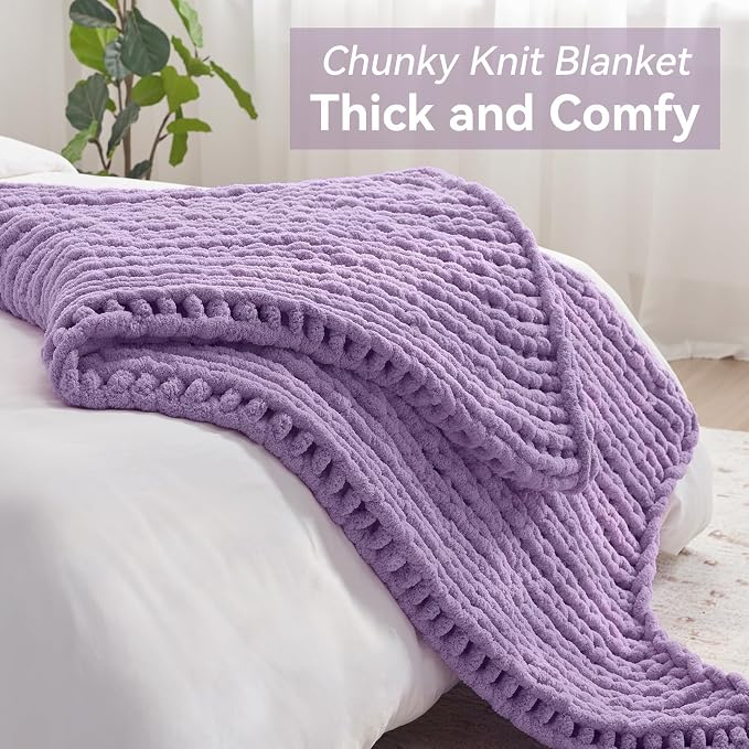 Negwoo Chunky Knit Throw Blanket, Knitted Throw Chenille Yarn, 80"*90" | Soft Thick Cable Knitted Blankets, Handmade Big Thick Blanket,Machine Washable Cute Comfy Blanket for Home Decor,Light purple