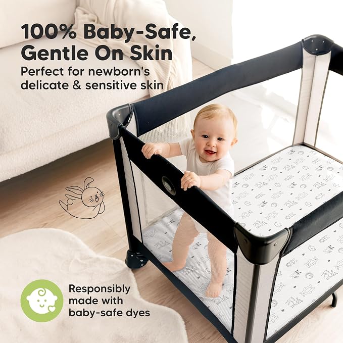 Pack and Play Sheets Fitted - 2-Pack Mini Crib Sheets for Pack N Play Mattress 38x26, Soft & Cozy, Neutral Toddler Playard Bedding, Snug Fitted Mini Baby Crib Mattress Cover Boy, Girl (Woodland)