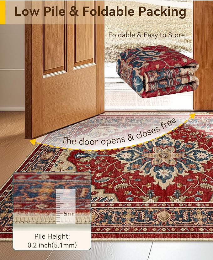 RELEANY Area Rugs 6'x8' Washable Non-Slip, Floral Vintage Distress Medallion Carpet for Living Room Bedroom Dining Room, Red Blue