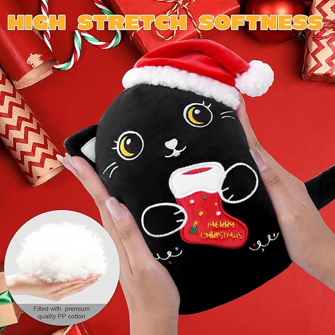 Christmas Cat Stuffed Animal: 8-Inch Cute Black Cat Plush Toy with Santa Hat and Christmas Stocking Soft Plushies Pillow, Holiday Birthday Decoration Gifts for Kids Girls & Boys (8-Inch)