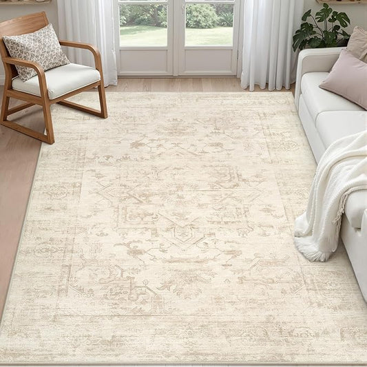 4x6 Area Rugs for Living Room: Vintage Boho Neutral Washable Rug Indoor Soft Large Area Rug Carpet for Bedroom Nursery Farmhouse Dining Room Office Floor Non-Slip Low Pile Under Table Rug Beige/Brown