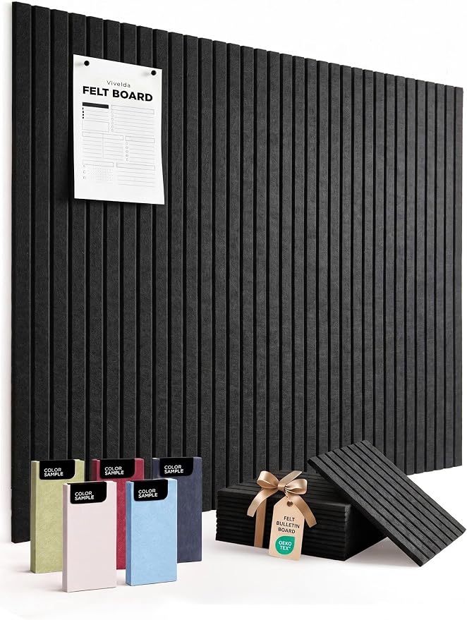 Large Felt Bulletin Board 48 x 36 Inch - 12-Pack Square Acoustic Wall Panels, Cork Board Alternative, NRC 0.95, Damage-Free Adhesive, Slatted Design for Home, Classroom (Black)