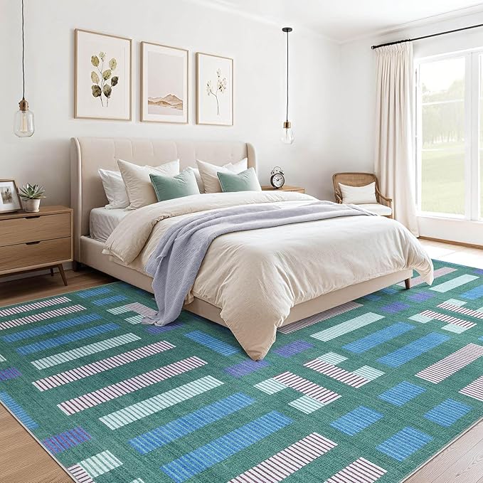 cotiled 8x10 Area Rugs Living Room Rug: Washable Boho Rugs with Non Slip Backing Large Soft Indoor Stain Resistant Carpet for Bedroom Farmhouse Dining Room Lightweight Home Decor Green