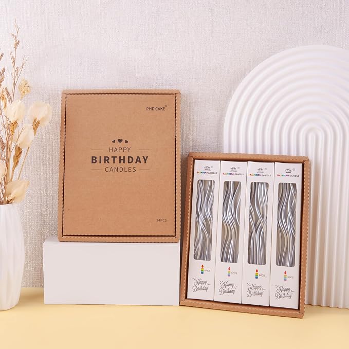 PHD CAKE 24-Count Silver Spiral Long Thin Birthday Candles, Cake Candles, Birthday Parties, Wedding Decorations, Party Candles