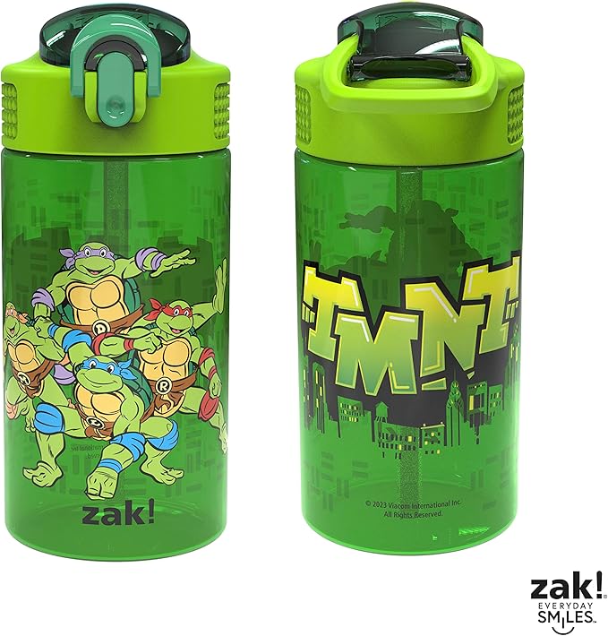 Zak Designs Teenage Mutant Ninja Turtles Kids Water Bottle For School or Travel, 16oz 2-Pack Durable Plastic Water Bottle With Straw, Handle, and Leak-Proof, Pop-Up Spout Cover (TMNT)