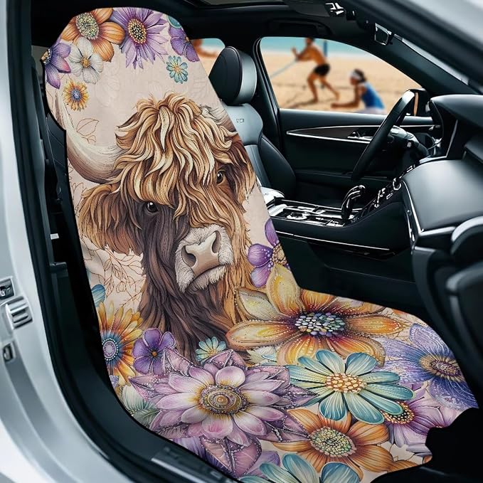 INSTANTARTS Aesthetic Dahlia Highland Cow Towel Car Seat Covers Sports Car Towel Mat for Yoga and Travel