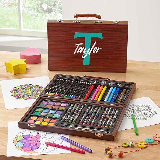 Let's Make Memories Personalized 80-Piece Deluxe Art Set - for Kids - Wood Carrying Case - Oil Crayons, Colored Pencils, Watercolors - Arts & Crafts - Palette Design - Initial and Name