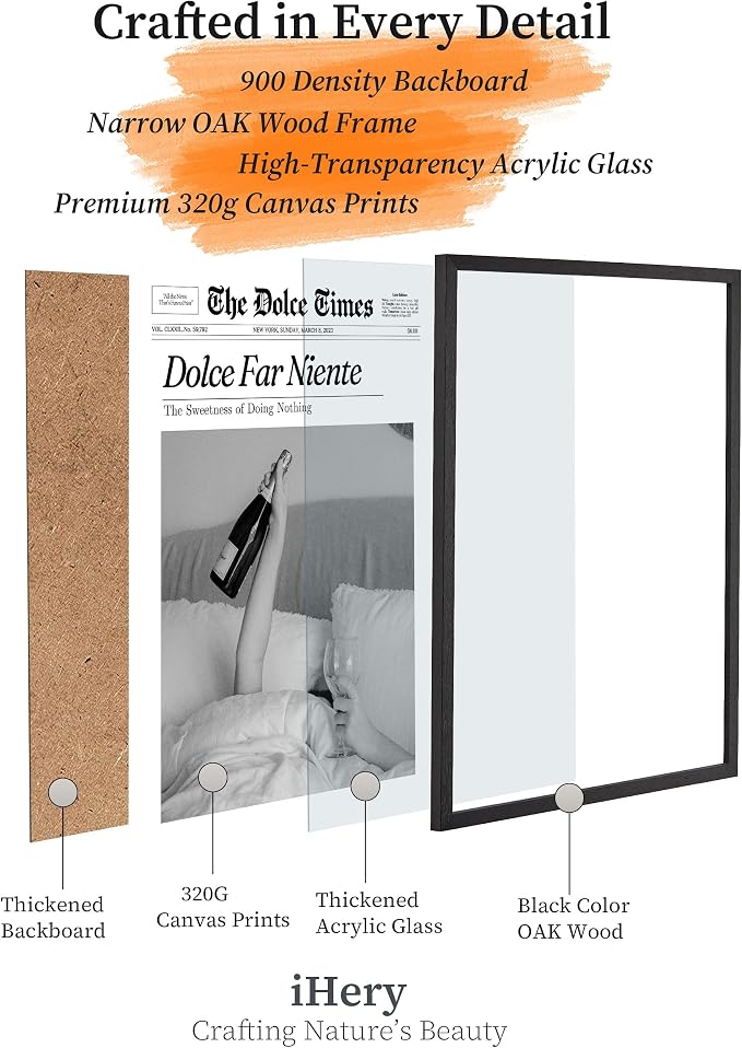 iHery Small 8x10in Dolce Far Niente Framed Newspaper Wall Art | Premium Black Natural OAK Wood Frame with Canvas Print, The Sweetness of Doing Nothing Decor for Bedroom, Living Room 1Pack