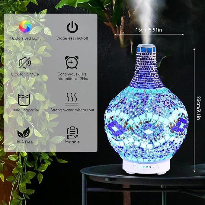 Mosaic Glass Essential Oil Diffuser,Tiffany Aromatherapy Diffuser 100ml Turkish Moroccan Color Changing Aroma Ultrasonic Diffusers Cool Mist Air Diffuser for Sleeping SPA Office Home