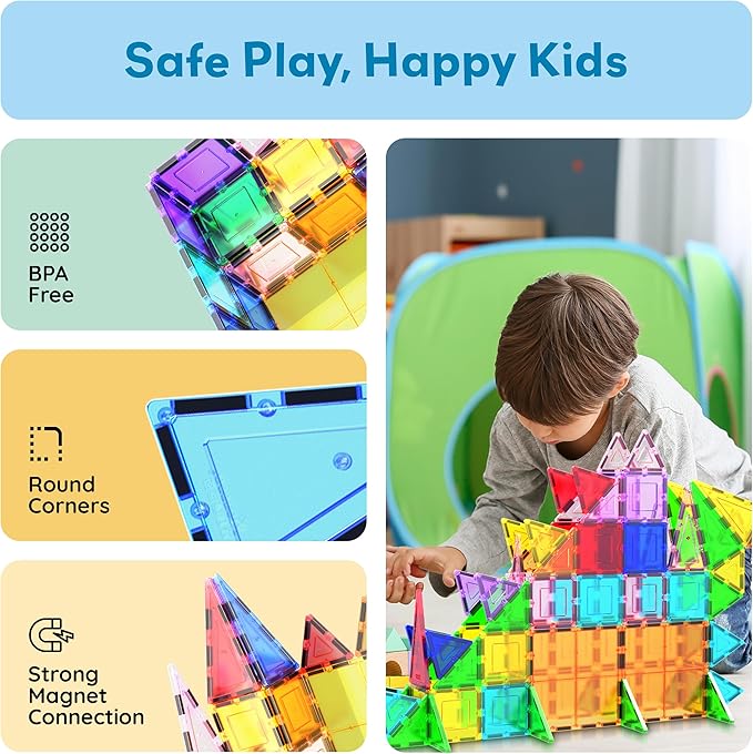PicassoTiles Magnetic Tiles 101pcs Magnet Tile Building Blocks STEM Toy Set with Storage Case Educational Construction Kit for Kids Toddlers Boys Girls Age 3 Plus Travel Learning Carry Bin PB101