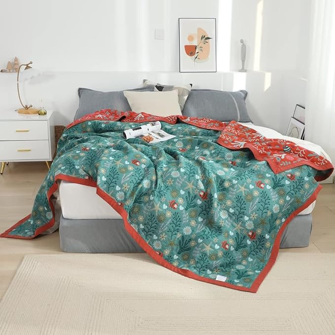LUTBM Boho Throw Blanket for Bed, 100% Cotton Soft Cozy Breathable Quilt | Underwater Ocean Life Jacquard Farmhouse Decor, 80"x90" All Season Bed Blankets, For Sofa Couch Chair Bedroom Living Room