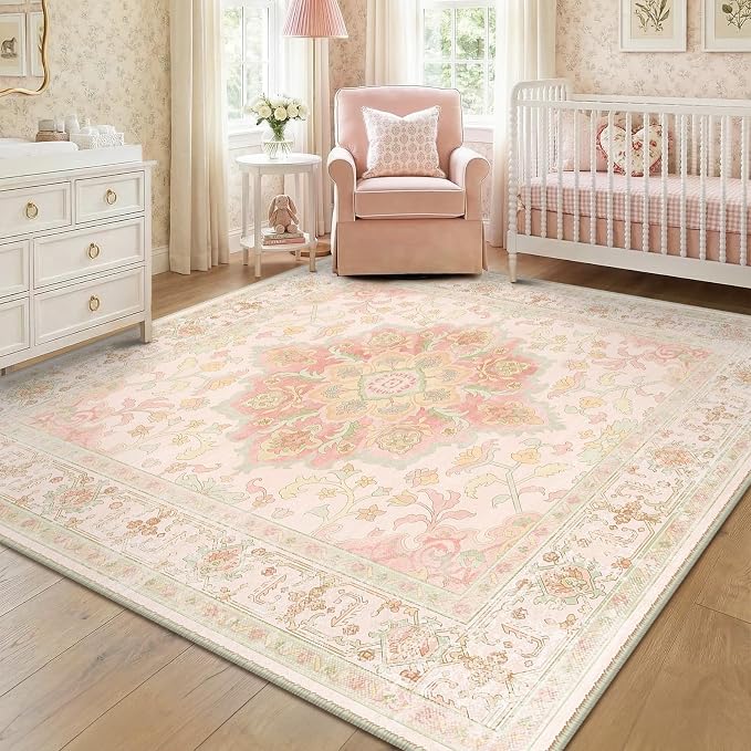 CAPALOCA Square 6ft Washable Nursery Girls Low Pile Area Rug Pink Green | Non-Slip Soft Rugs for Bedroom Kids Playroom Living Room, Print Pattern Water Repellent Carpet Indoor Decor