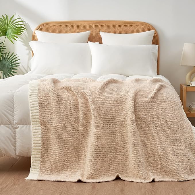 Snuggle Sac Heather Throw Blanket for Couch, Reversible Super Soft Blankets Warm Cozy Knit Fuzzy Plush Lightweight for Sofa, Bed, Camping, Picnic (Heather Beige, Throw(50"x60"))