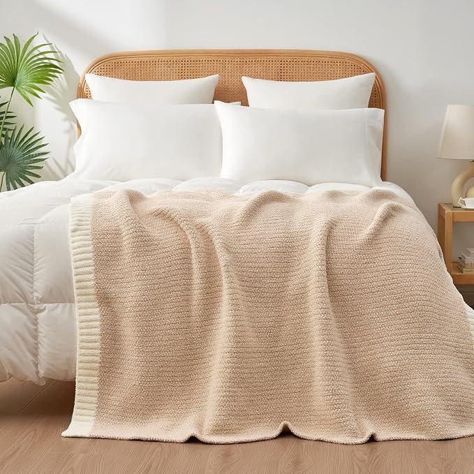 Snuggle Sac Heather Throw Blanket for Couch, Reversible Super Soft Blankets Warm Cozy Knit Fuzzy Plush Lightweight for Sofa, Bed, Camping, Picnic (Heather Beige, Throw-XL(50"x 70"))