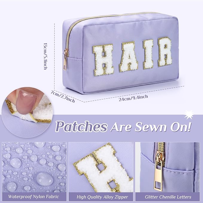 Preppy Makeup Bags Chenille Letter Stuff Bag Nylon Cosmetic Pouch Cases with Zipper for Women Travel Toiletry(Soft Pastel,Classic,4 Pcs)