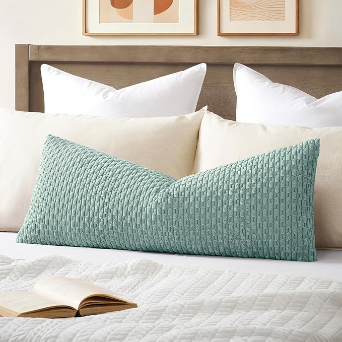 Kevin Textile Soft Corduroy 14"x36" Lumbar Pillow Cover 1 Pack, Dusty Green | Boho Stripe Plush Corduroy Decorative Oblong Cushion Cover Modern Farmhouse Home Decor for Sofa Couch Bed Chair