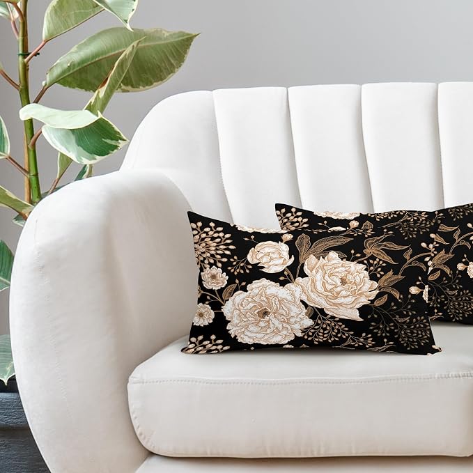 Vintage Peony Roses Floral Plant Lumbar Pillow Covers 12X20 Inch Set of 2 Chinoiserie White Flower Leaves Decorative Pillow Cases Black Gold Cushion Case Vintage Home Decor For Sofa Couch Outdoor