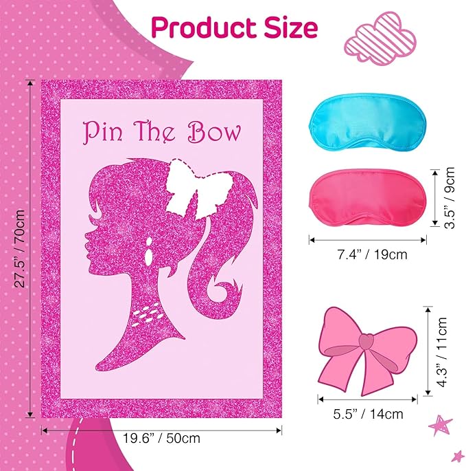 Pink Girl Party Supplies Decorations, Cute Girl Princess Pin The Bow on The Head Party Game, Large Poster with 24Pcs Bow Stickers Favors for Kids’ Birthday Party