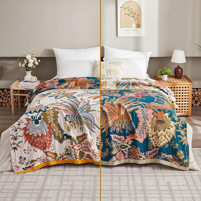 Boho Throw Blanket Farmhouse Decor Throw Blanket Bohemian Blanket for Bed 100% Cotton Muslin Woven Couch Blanket All Seasons Quilt Bedroom (J-Beige, 90"x98")
