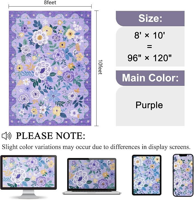DUKINO 8x10 Area Rugs, Floral Washable Living Room Rug Non Slip, Purple | Low Pile, Stain Resistant, Soft Indoor Large Carpet for Bedroom, Dining Rom, Kids Playroom, Pet Friendly, Modern Home Decor