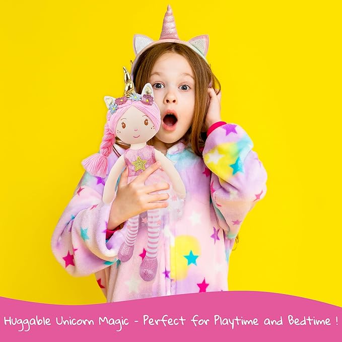 June Garden 16" Unicorn Doll Myra - Purple Hair Plush Rag Doll for Toddler Girls - Soft Companion Gift for 2+ Years - Blue Dress