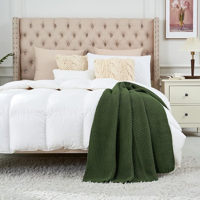 Chunky Cable Knit Throw Blanket Lightweight Olive Green 100% Organic Cotton Blanket for Sofa Couch Bed Baby Nursery, Rustic Shabby Chic Modern Farmhouse, 51” x 63” Give Laundering Bag